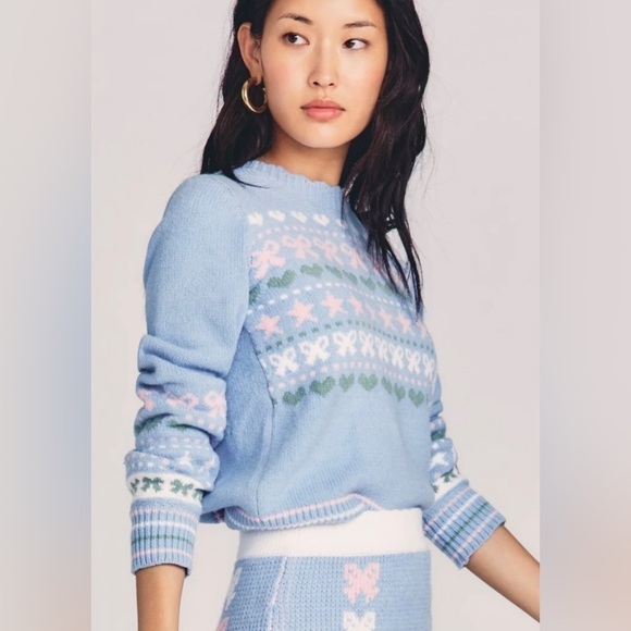 LoveShackFancy Zaheer Pullover Sweater Size M Knit Crew Neck Preppy Blue Skies - Picture 13 of 14